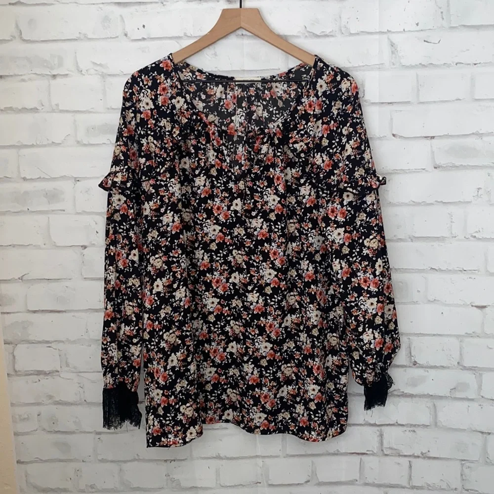 Pleione ruffle floral lace cuff blouse - Picture 1 of 5